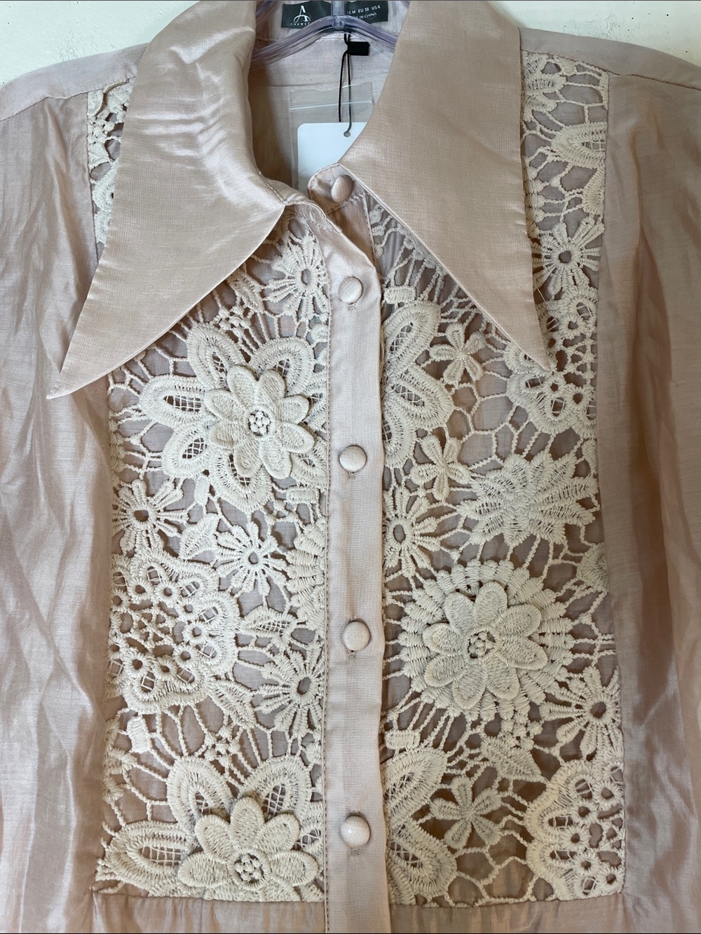 ANEWSTA Crochet Lace-Panel Button Down Shirt - Blush Pink. 6. NWT. - Picture 5 of 11